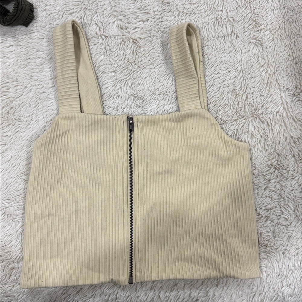 Aerie Beige Ribbed Zip-Up Top